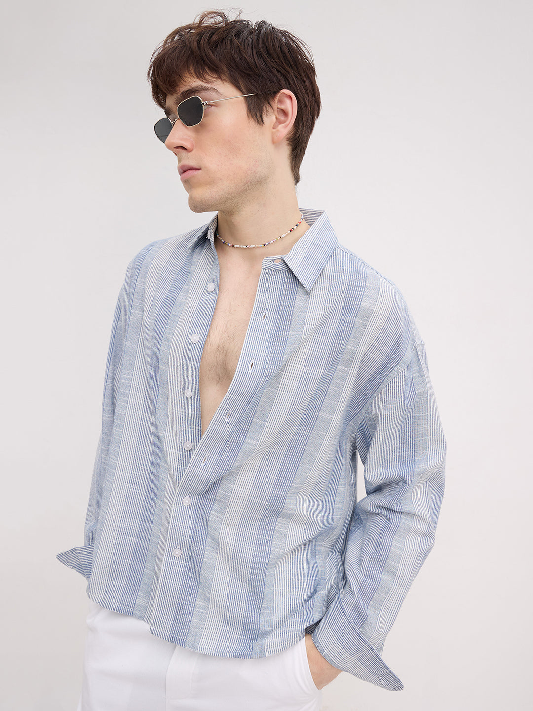 Blue Shadow Striped Boxy Fit Crop Shirt
