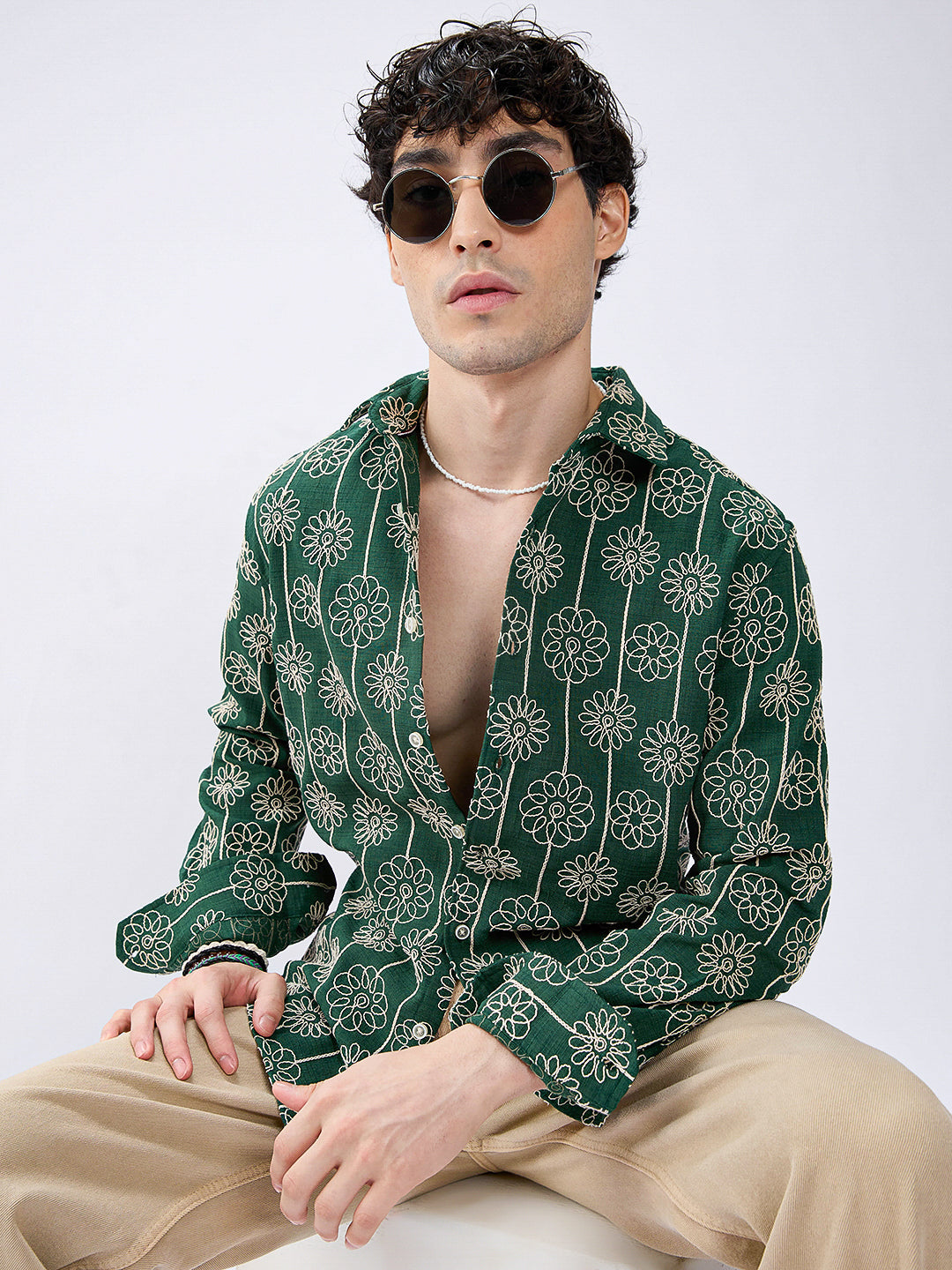 Green Baroqued Floral Loom Contrast Embroidery Shirt