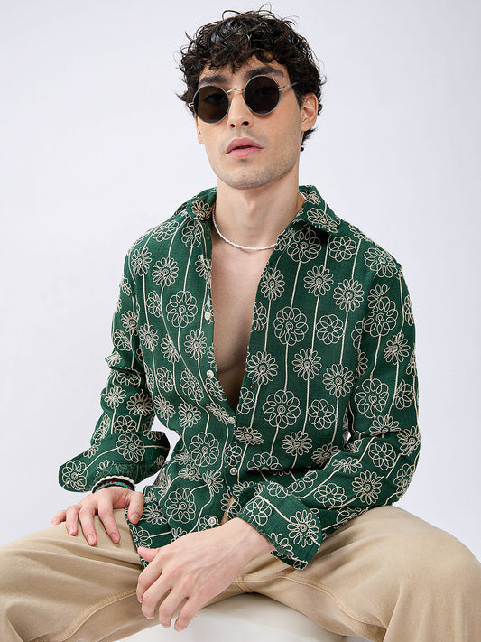 Green Baroqued Floral Loom Contrast Embroidery Shirt