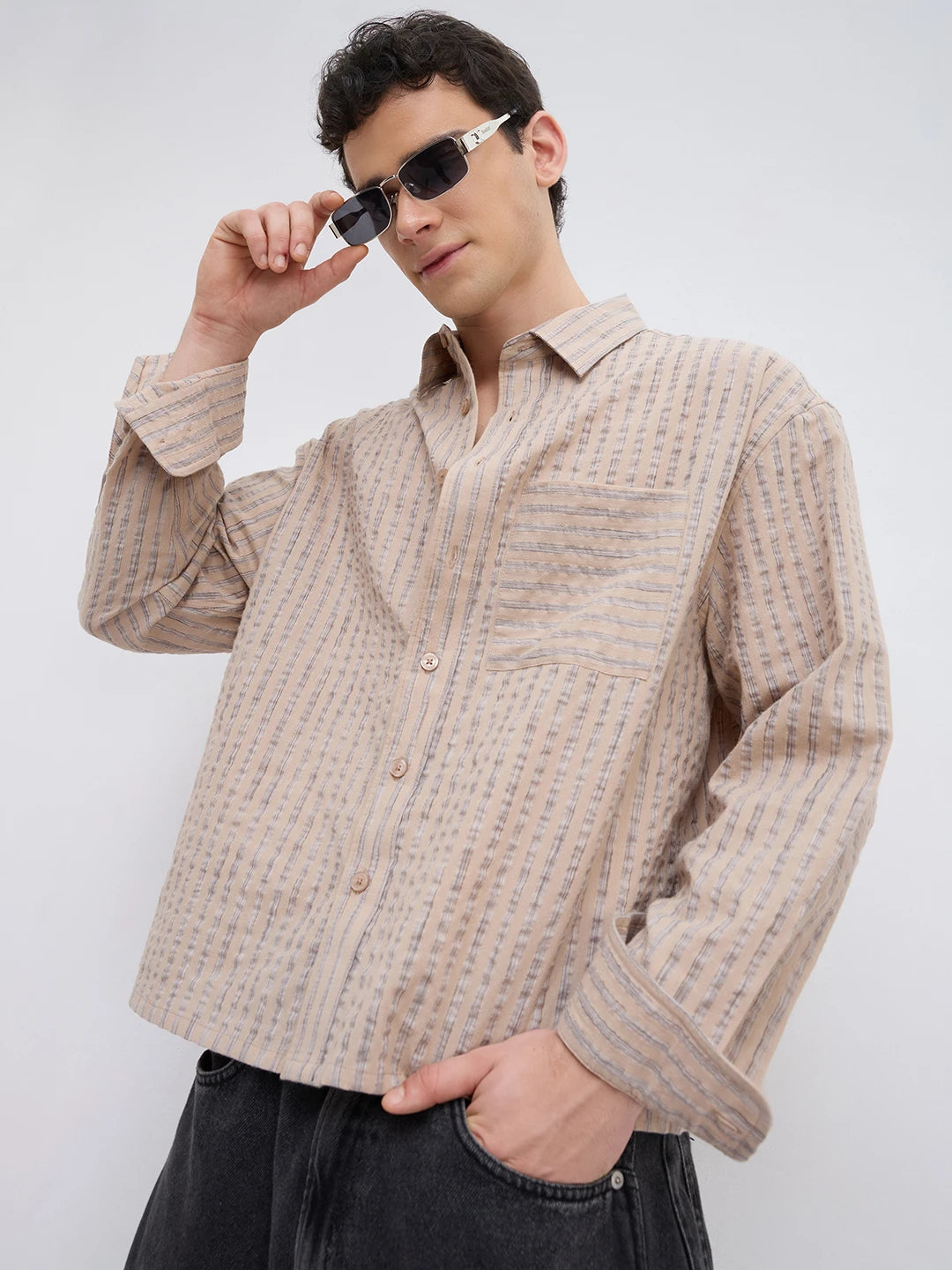 Taupe Beige Fine Striped Boxy Fit Crop Shirt