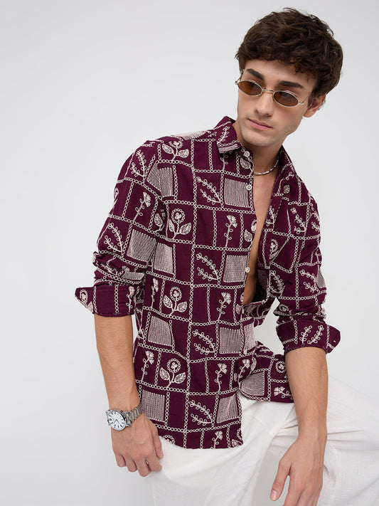 Wine Floral Frame Embroidered Slub Shirt