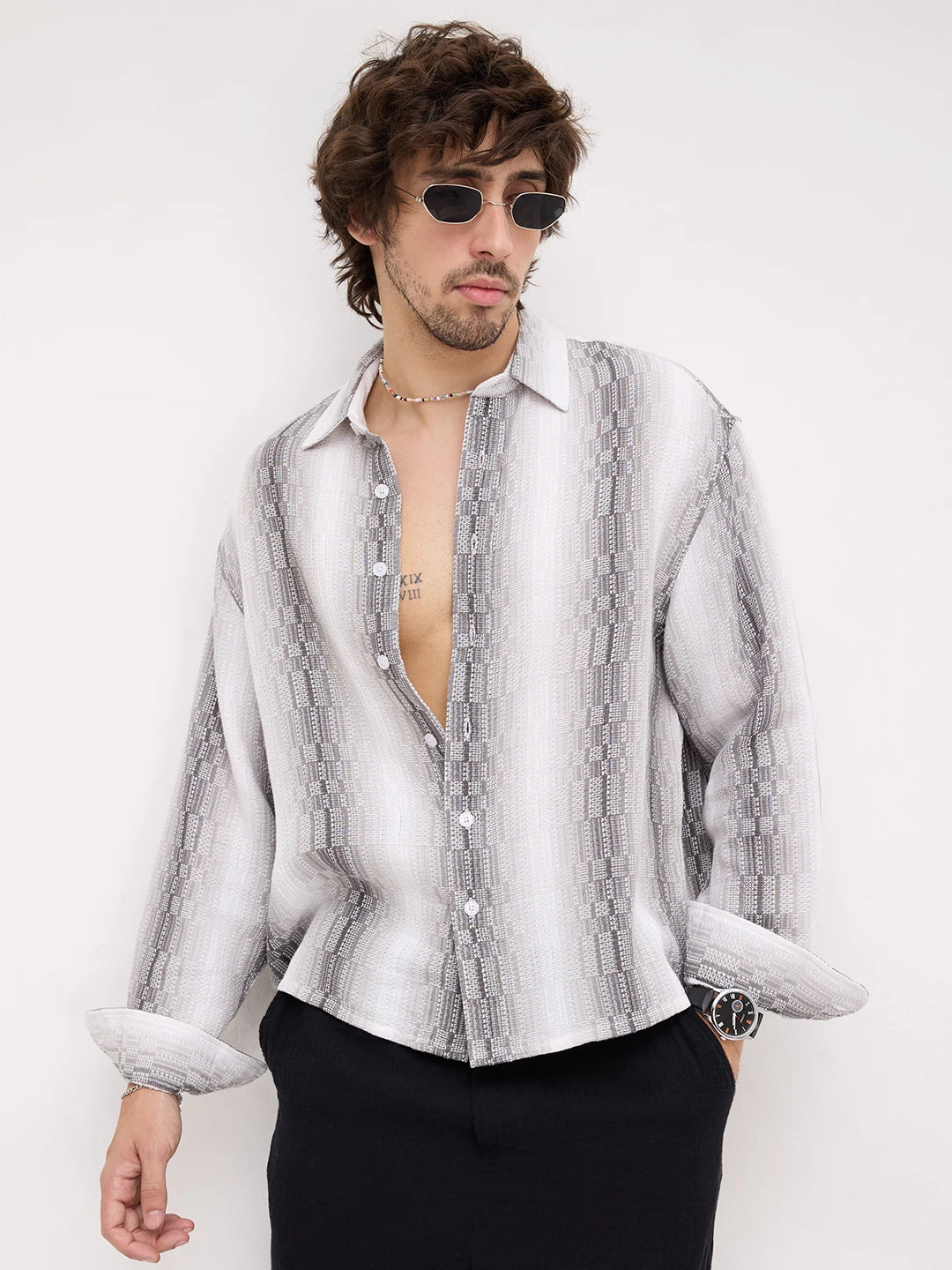 Monochrome Shadow Interlock Loom Striped Boxy Fit Crop Shirt