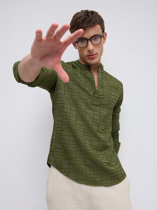 Classic Forest Green Maze Textured Kurta