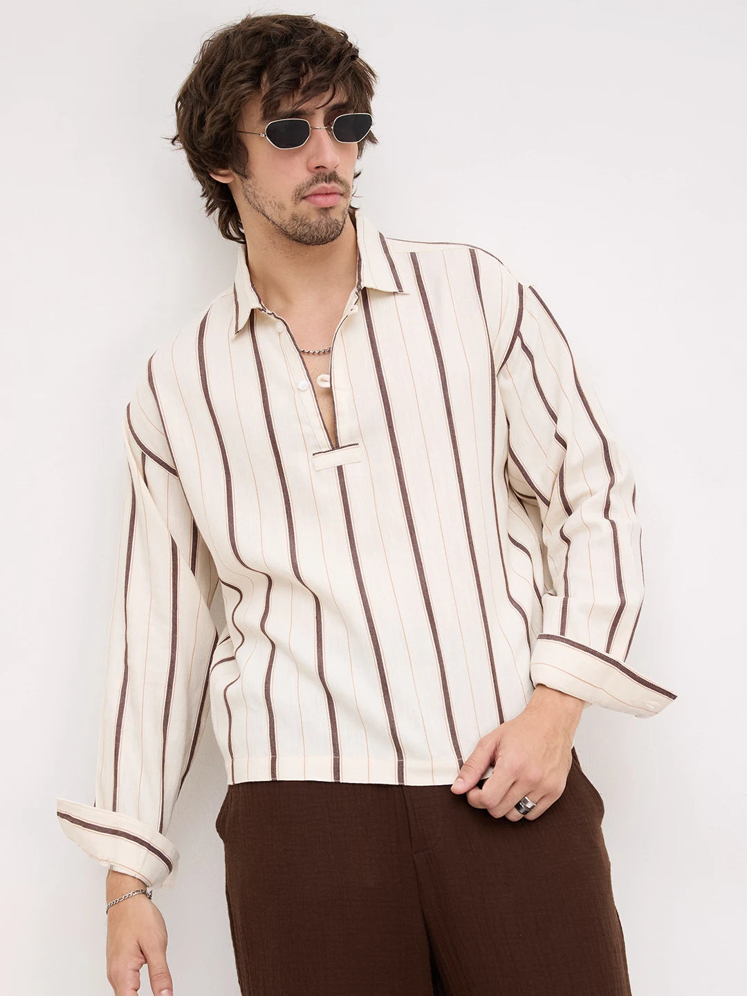 Espresso Brown & Ivory Multi Striped Loop Button Oversized Shirt