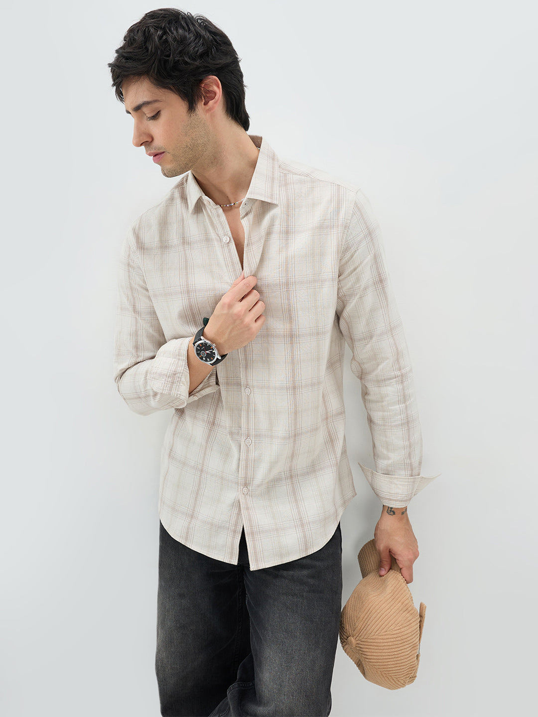 Timeless Sand Beige Plaid Checks Textured Shirt
