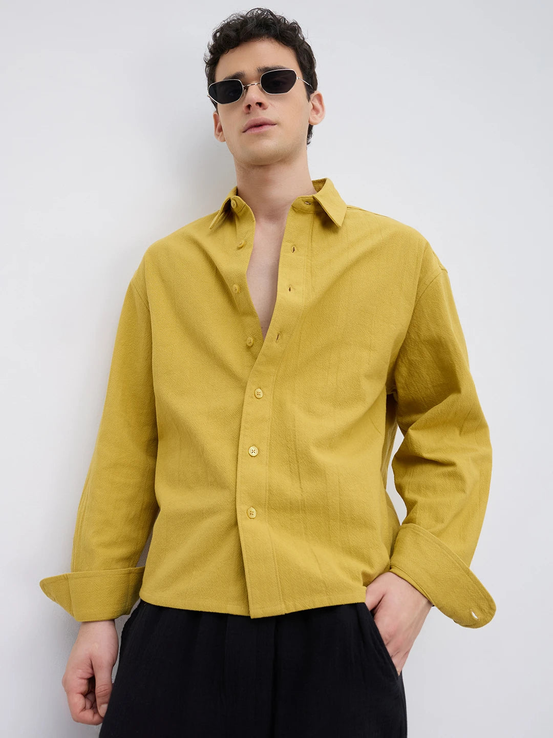Intricate Dijon Yellow Textured Boxy Fit Crop Shirt