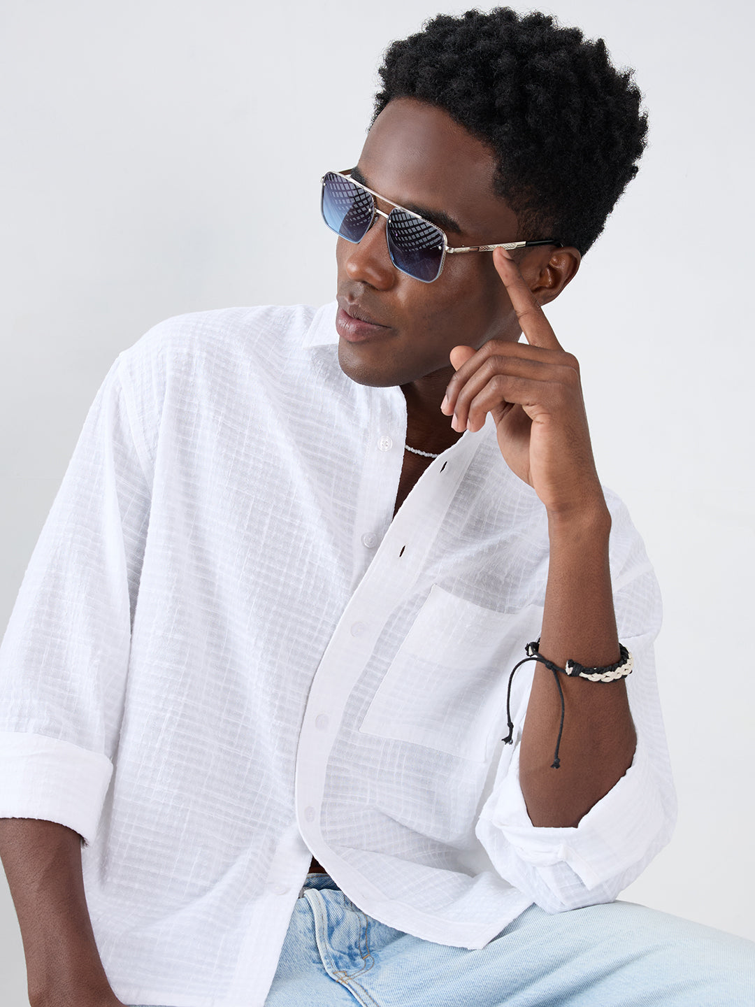 Snow White Micro Grid Textured Weave Boxy Fit Crop Shirt
