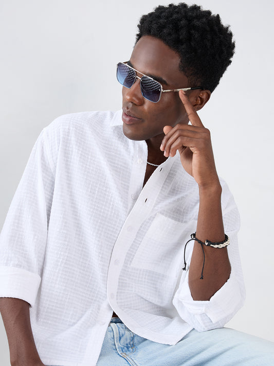 Snow White Micro Grid Textured Weave Boxy Fit Crop Shirt