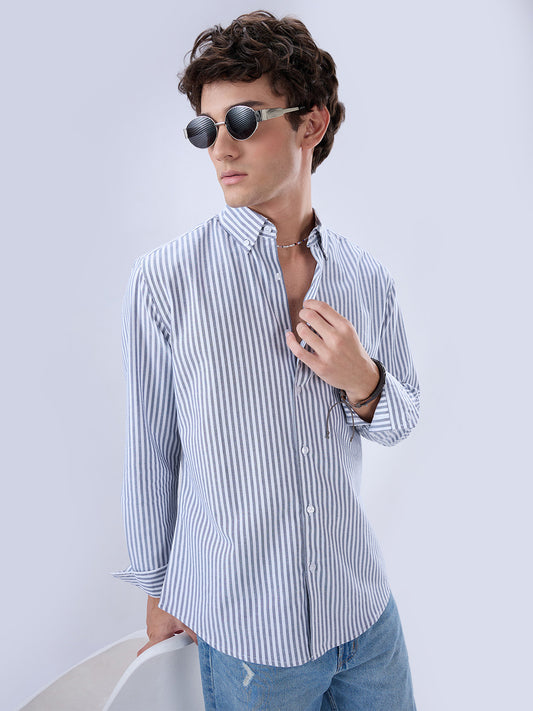 Navy Oxford Vertical Striped Button Down Collar Shirt