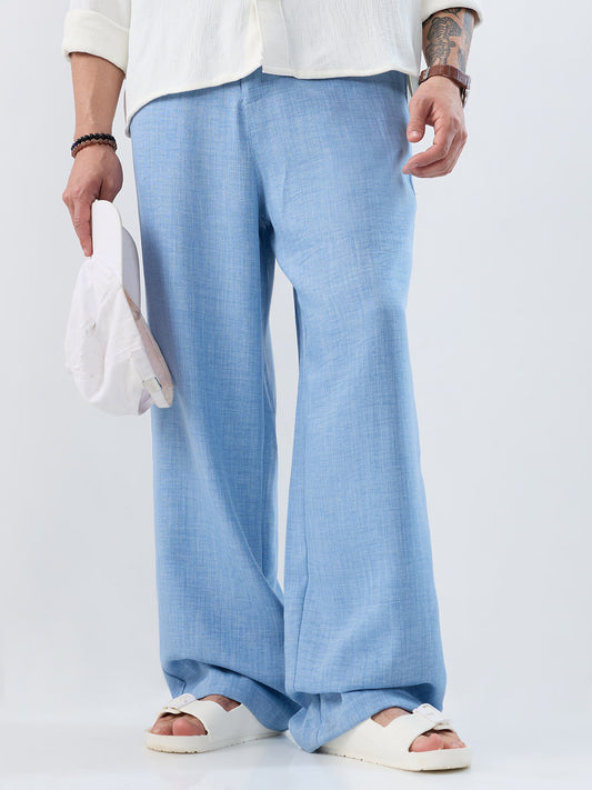 Vivid Sky Blue Slub Textured Wide-Leg Trousers