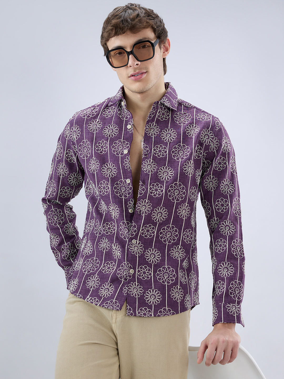 Aubergine Floral Embroidered Slub Shirt