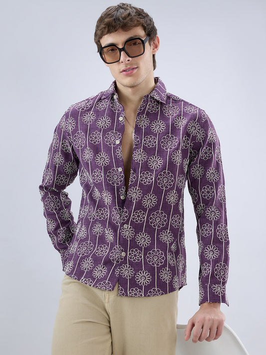 Aubergine Floral Embroidered Slub Shirt