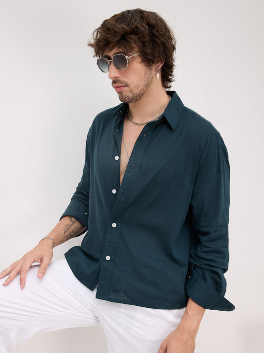 Emerald Green Fine Textured Boxy Fit Crop Shirt