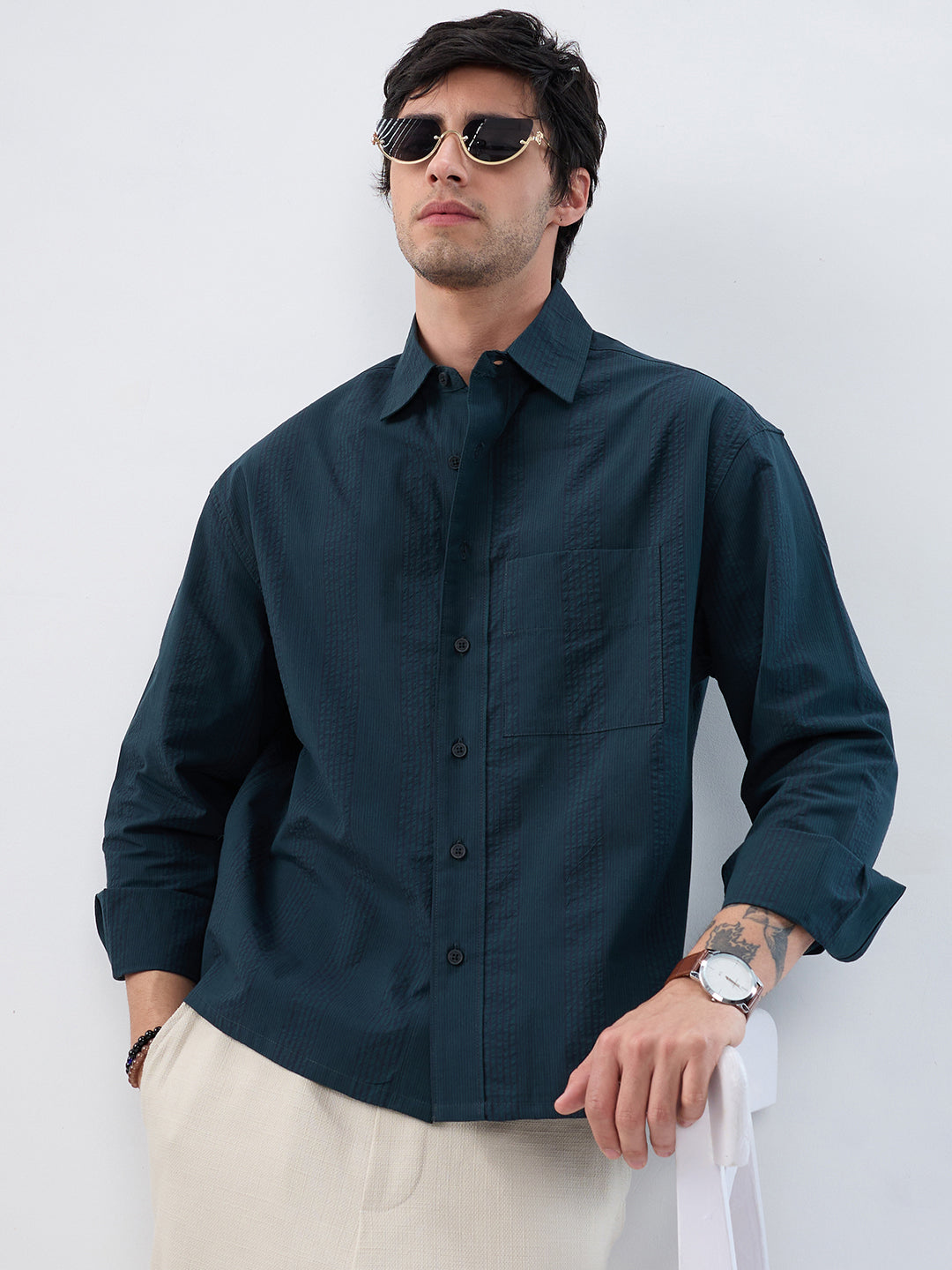 Luxe Dark Green Refined Striped Boxy Fit Crop Shirt