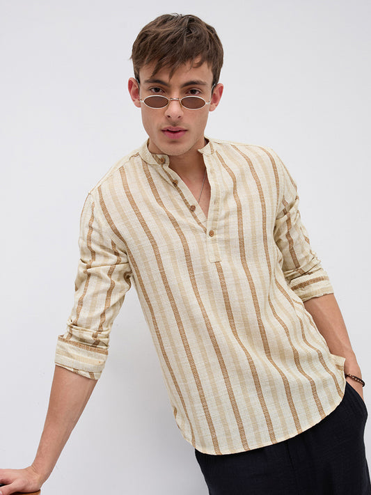 Dessert Sand Beige Jacquard Woven Striped Kurta