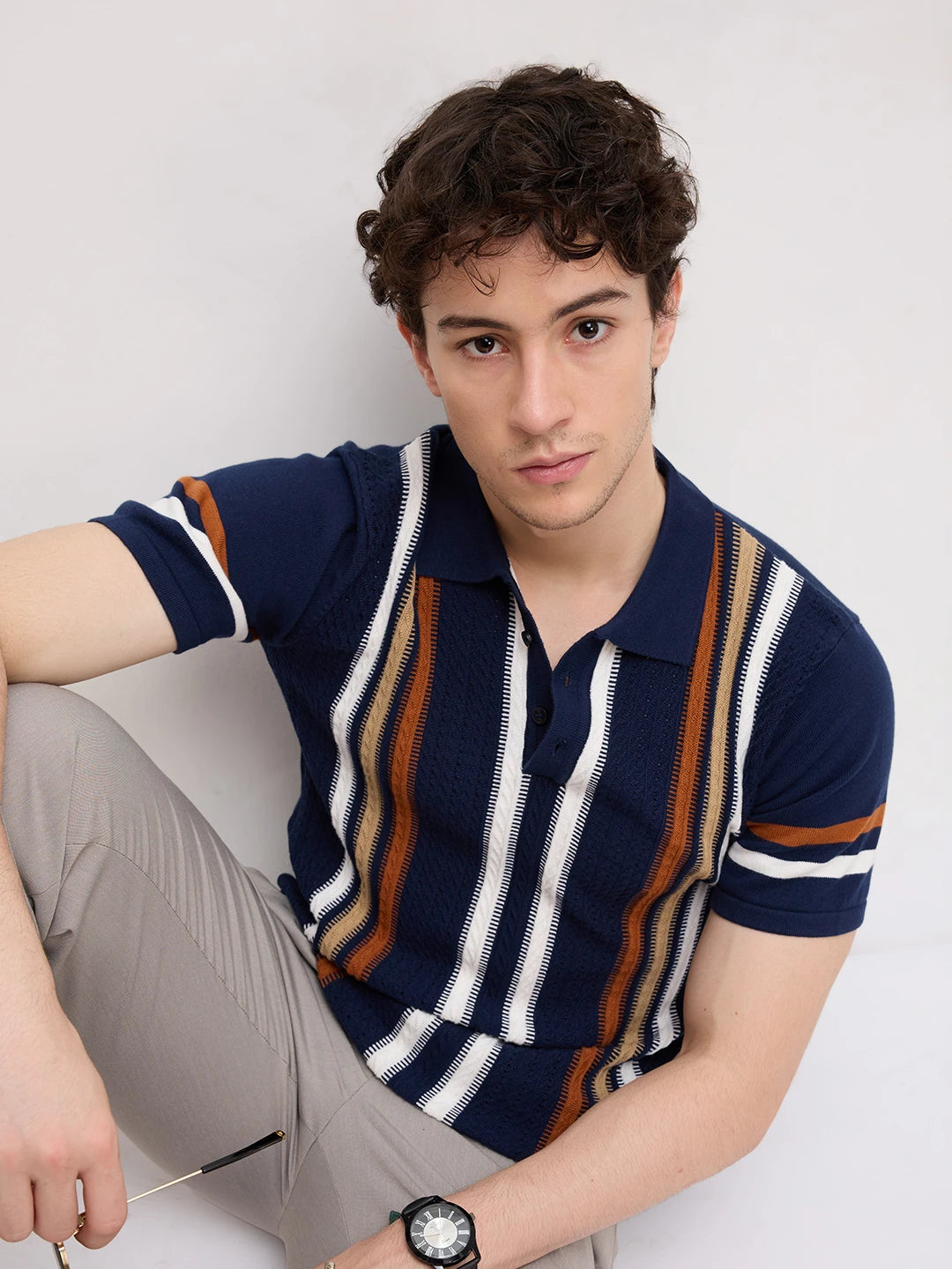 Vintage Multi-Stripe Raceway Zip Flat Knit Polo T-Shirt