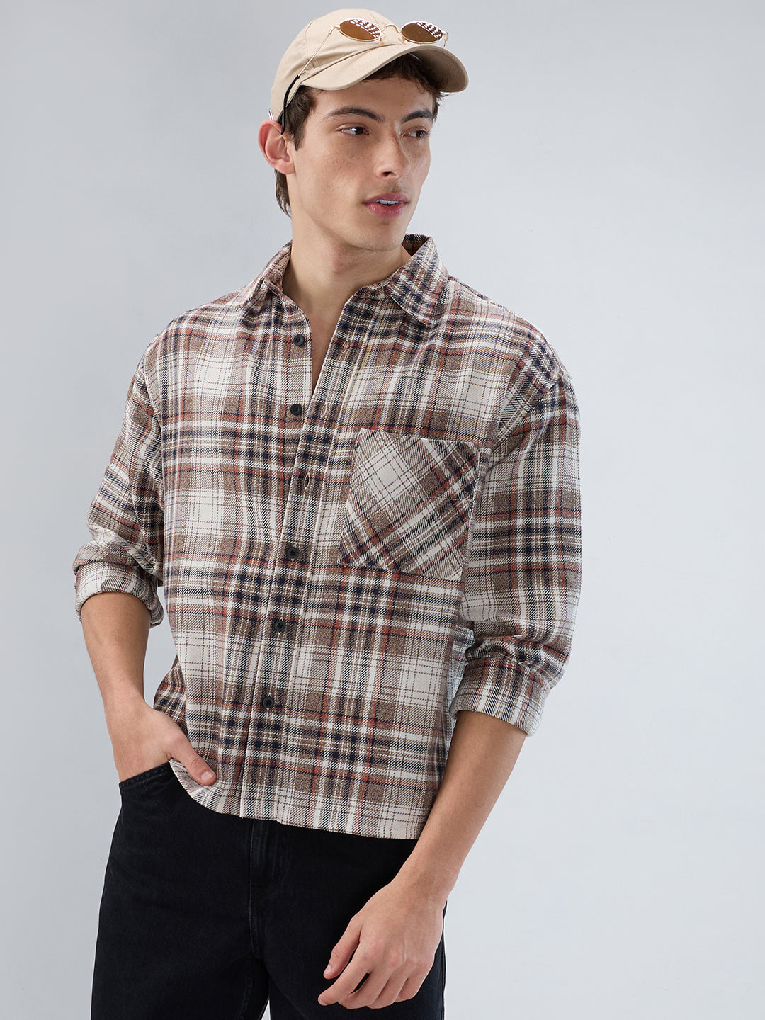 Orange & Brown Plaid Checks Boxy Fit Crop Shirt