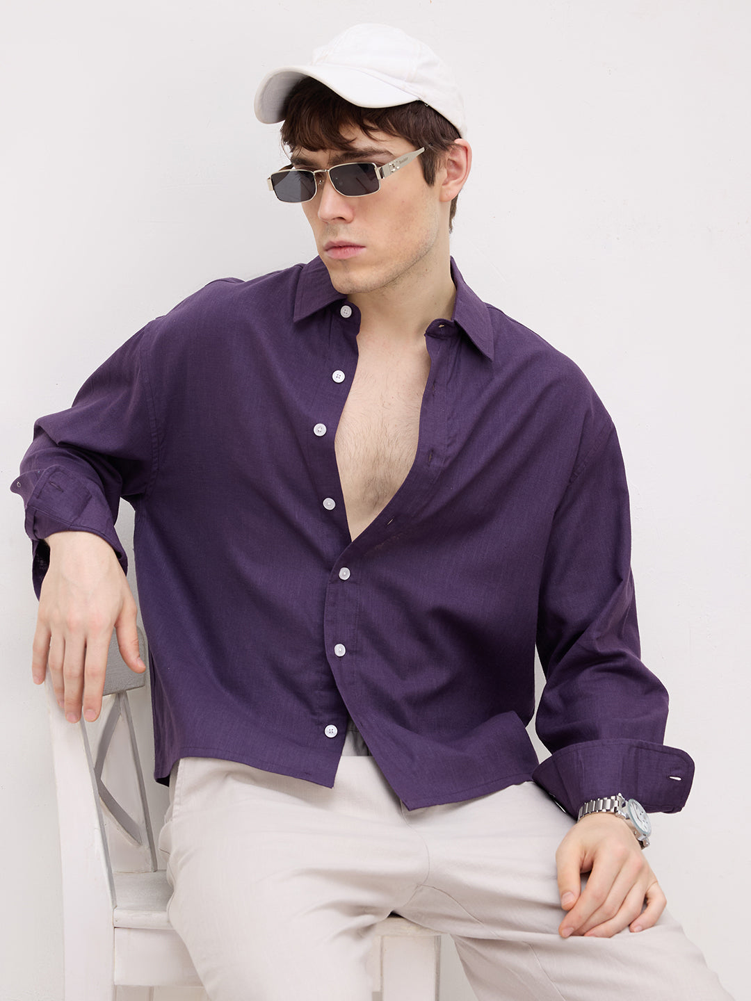 Matte Purple Fine Textured Boxy Fit Crop Shirt