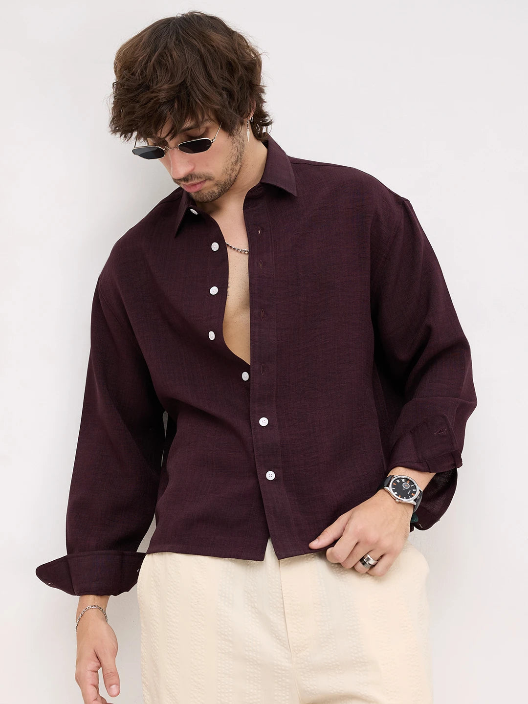 Opulent Wine Fine Textured Boxy Fit Crop Shirt