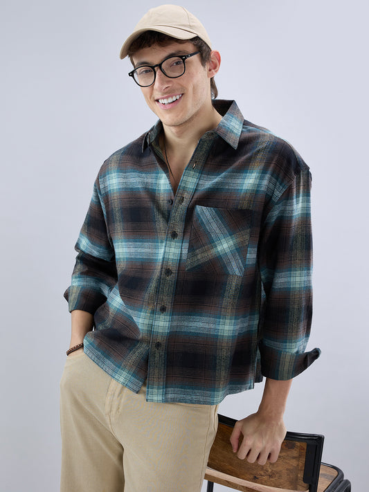 Multicolor Plaid Checked Boxy Fit Crop Flannel Shirt