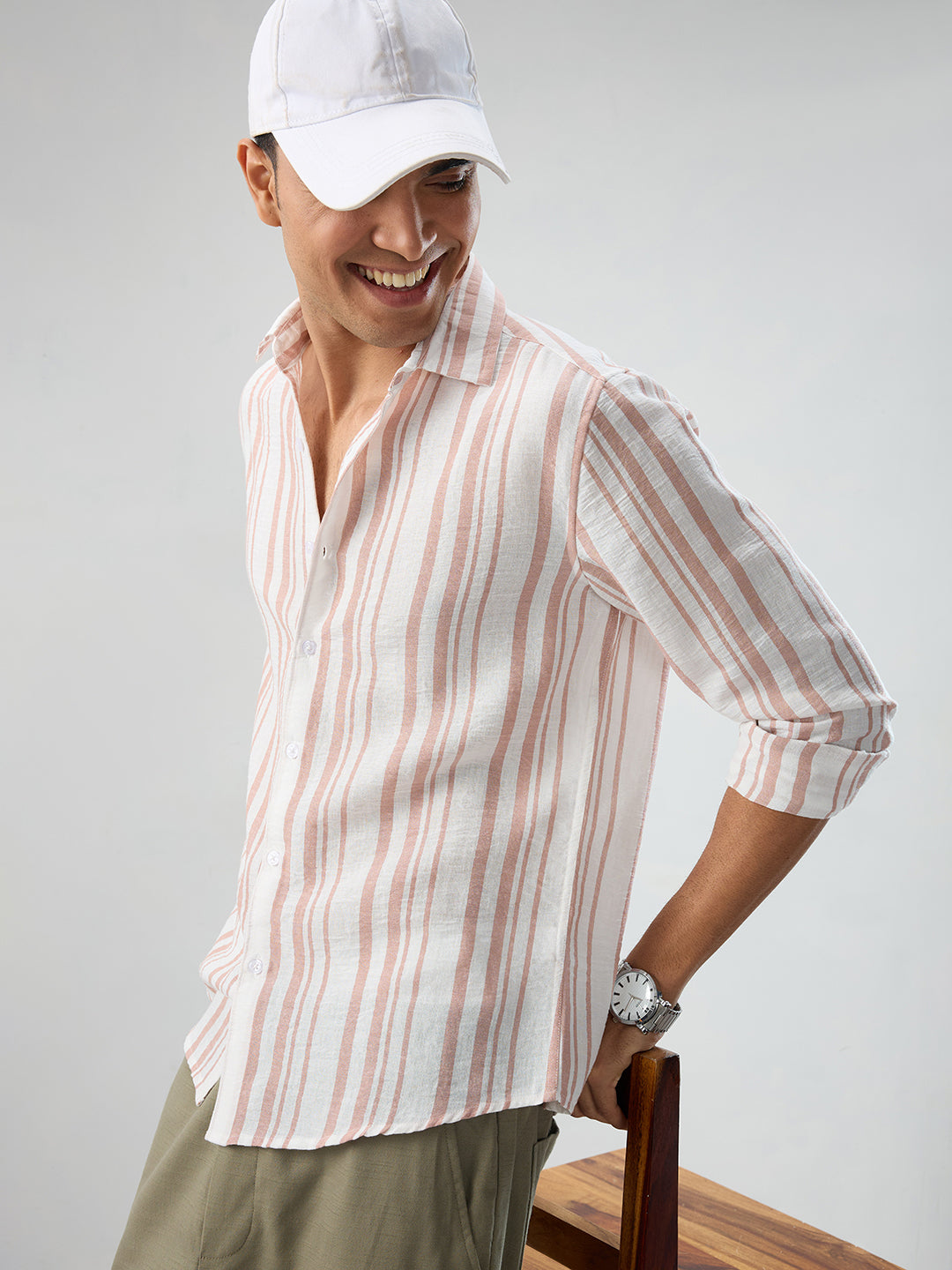 Dark Peach & White Vertical Striped Shirt