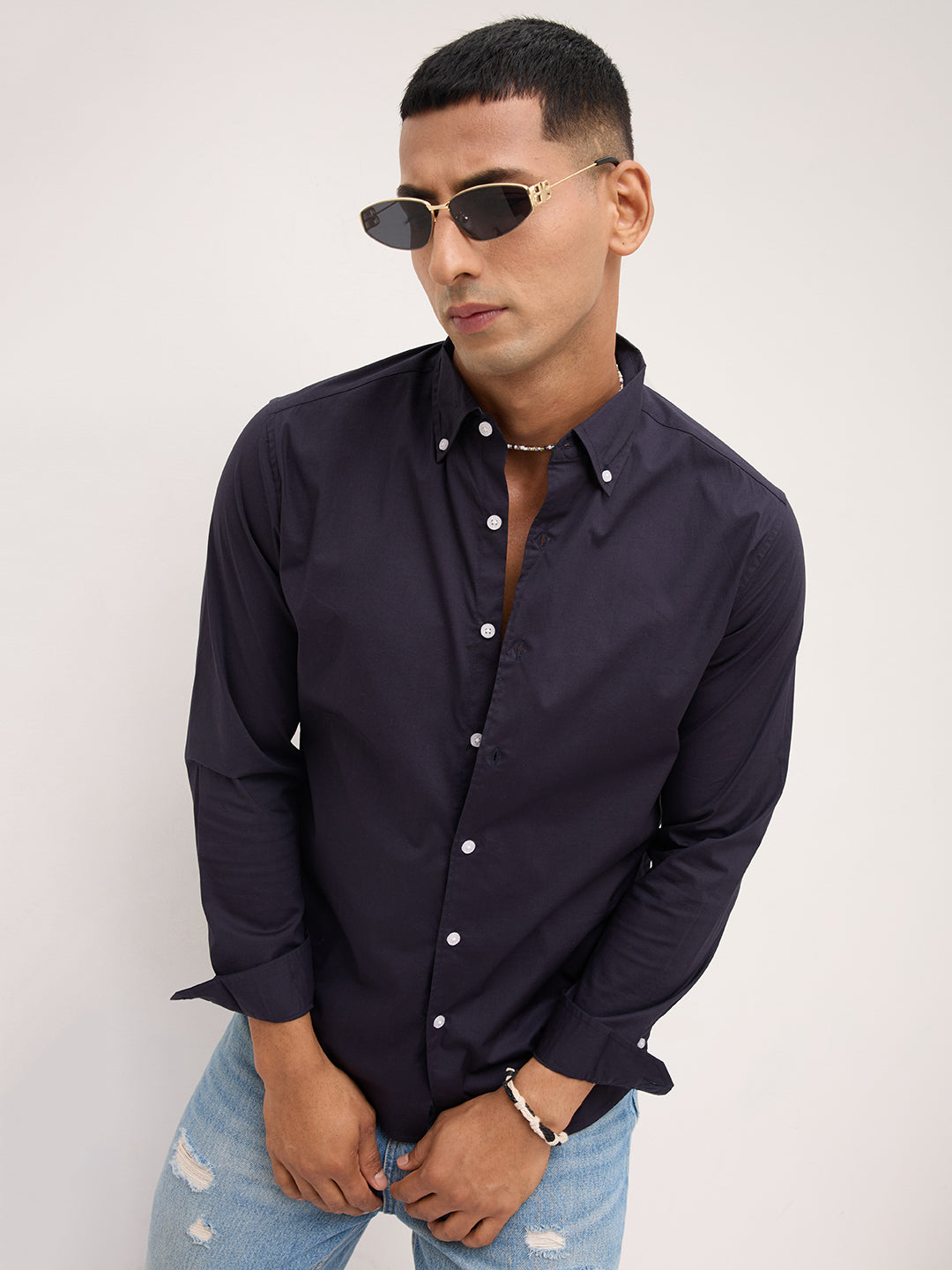 Navy Button-Down Collar Business Shirt