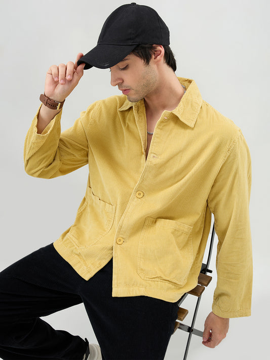 Sunmelt Mustard Corduroy Oversized Double Pocket Crop Shacket