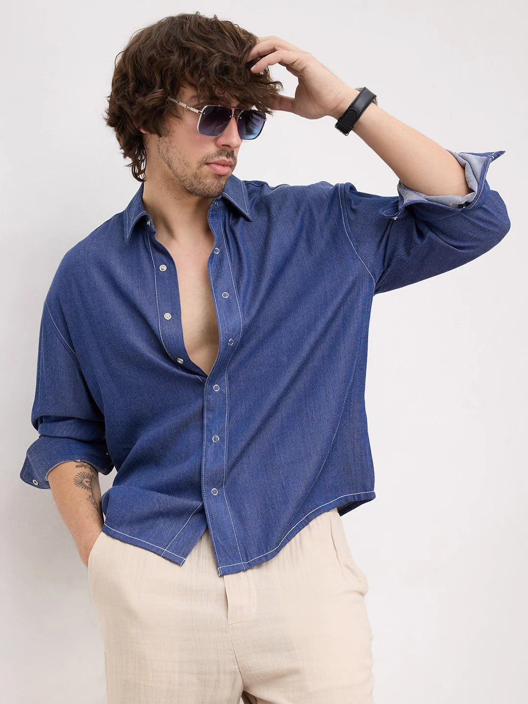 Navy Soft Sheen Woven Contrast Stitch Boxy Fit Crop Shirt