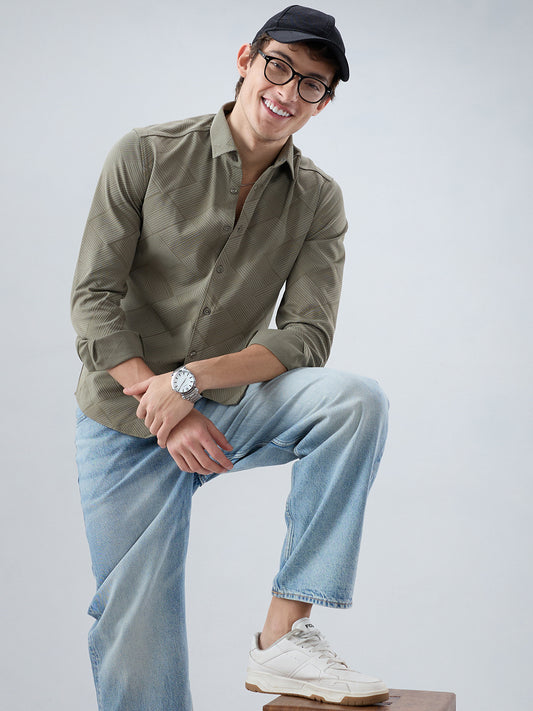 Intricate Olive Block Weave Knitted Shirt