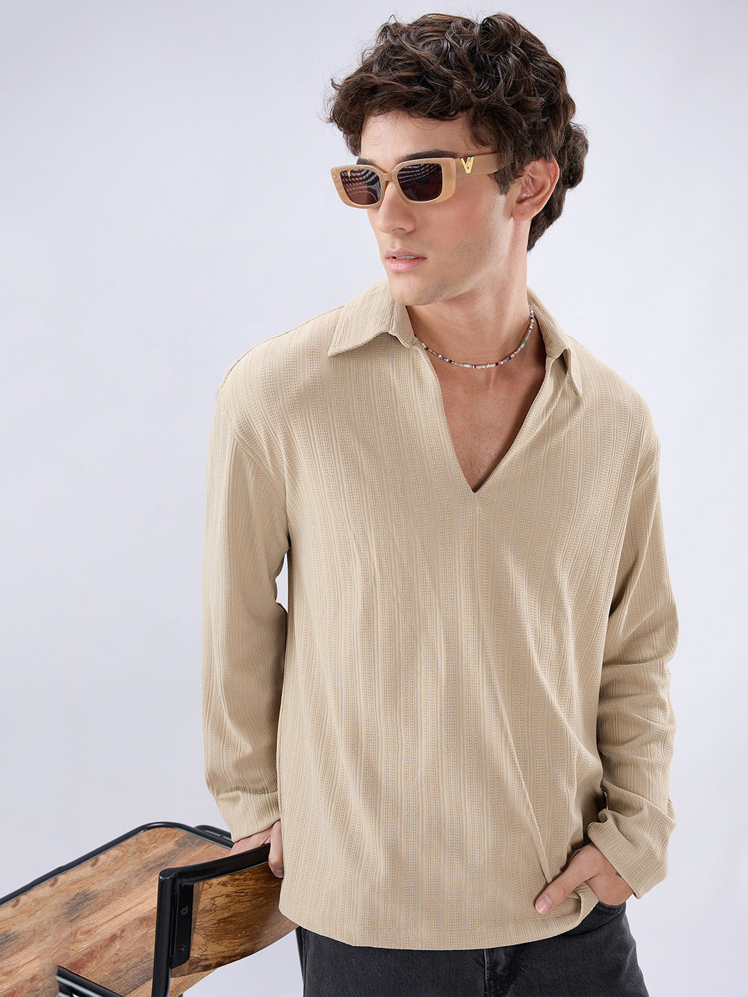 Sand Dune Ribbed Textured Polo Oversized Knitted Shirt