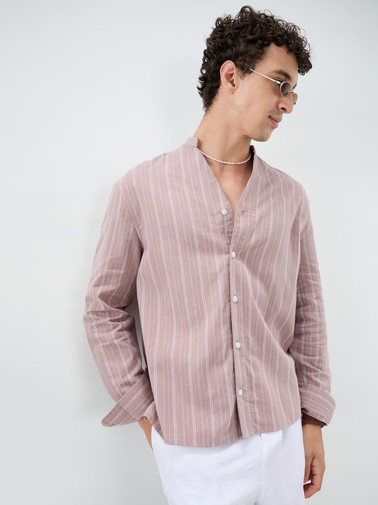 Deep Pastel Peach Striped Linen Blend Stand Collar Oversized Shirt