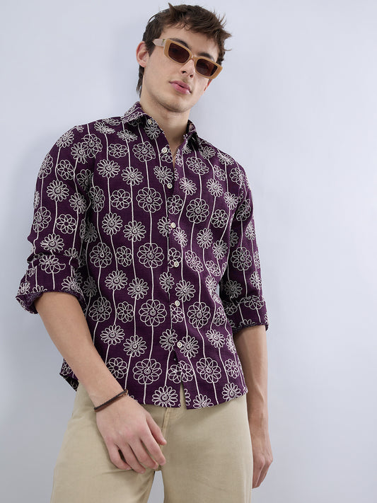 Wine Floral Embroidered Slub Shirt