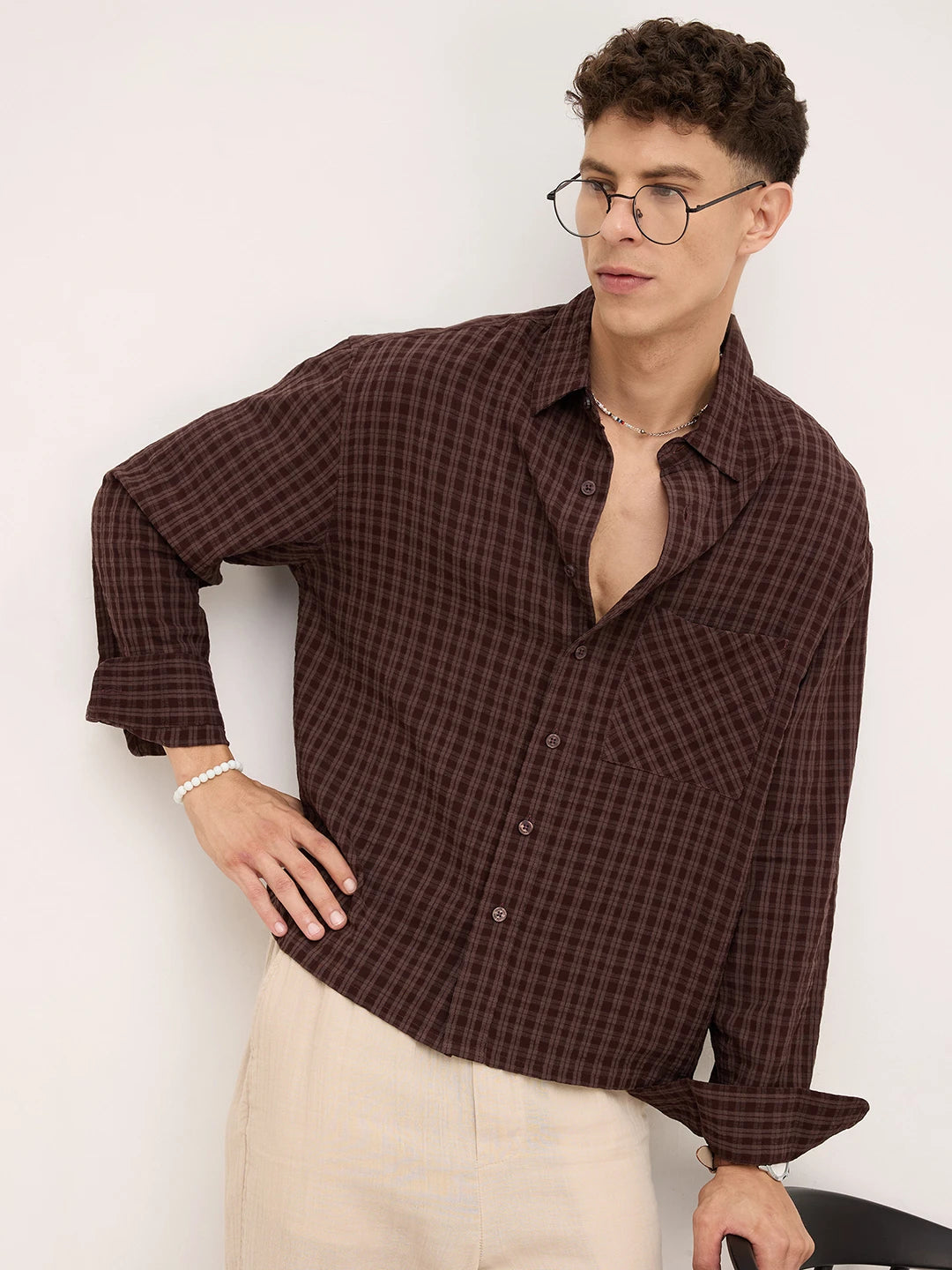 Warm Espresso Windowpane Checks Boxy Fit Crop Shirt