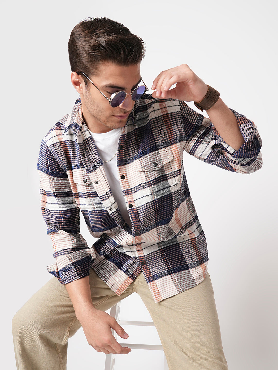 Navy Horizontal Stripes Double Flap Pocket Corduroy Shirt