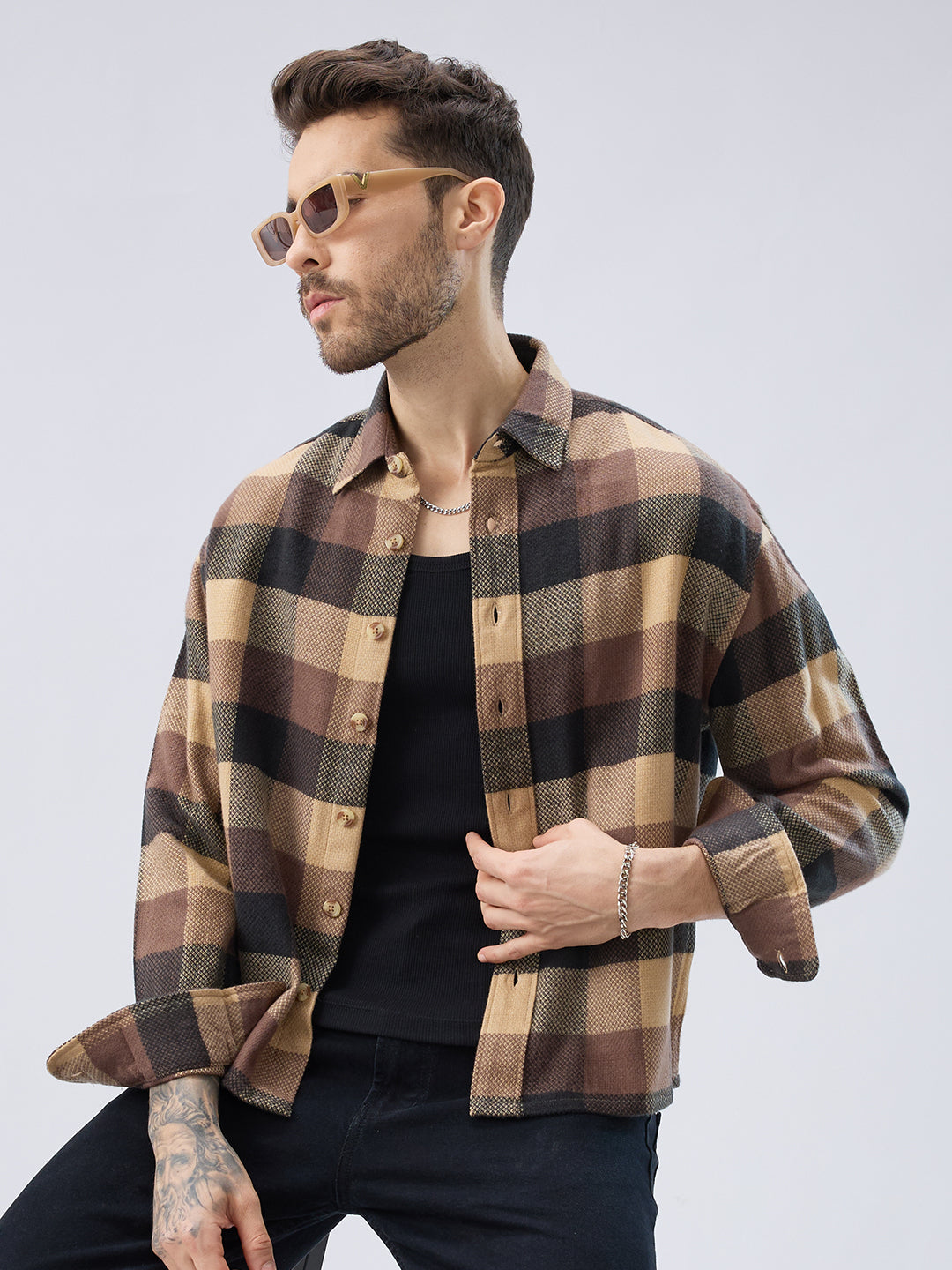 Heritage Brown & Beige Box Checks Boxy Fit Cropped Flannel Shirt