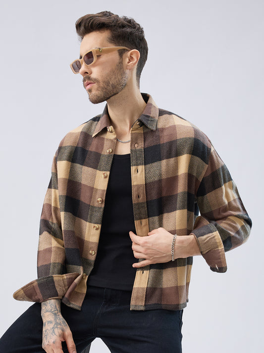 Heritage Brown & Beige Box Checks Boxy Fit Cropped Flannel Shirt