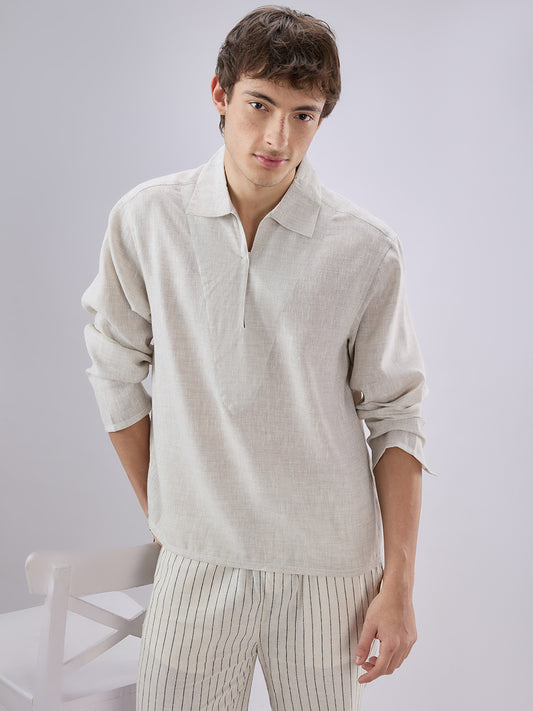 Greyish Green Textured Cuffless Oversized Shirt