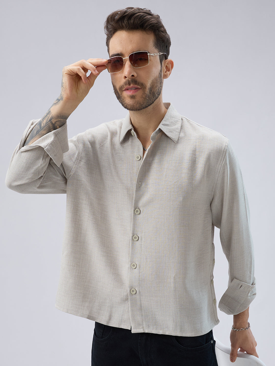 Cloud Grey Slub Textured Side-Slit Button Oversized Crop Shirt