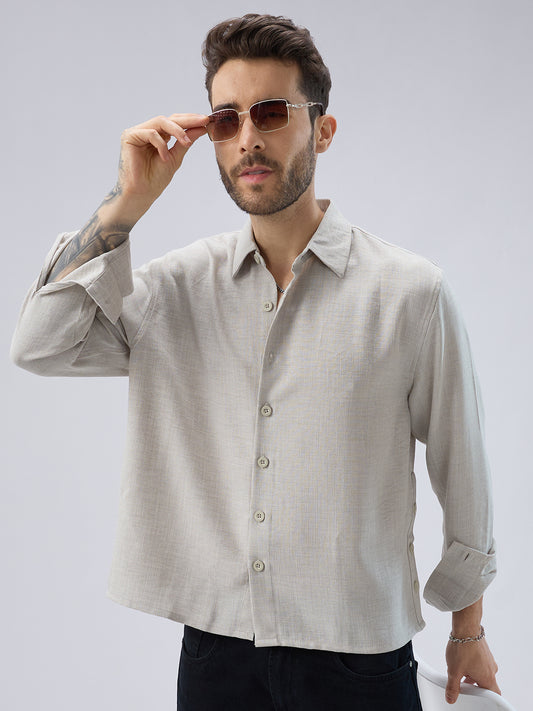 Cloud Grey Slub Textured Side-Slit Button Oversized Crop Shirt