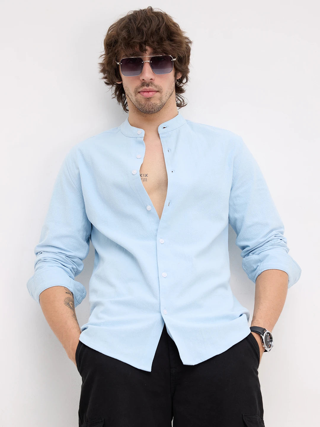Refreshing Aqua Solid Blue Fine Mandarin Shirt