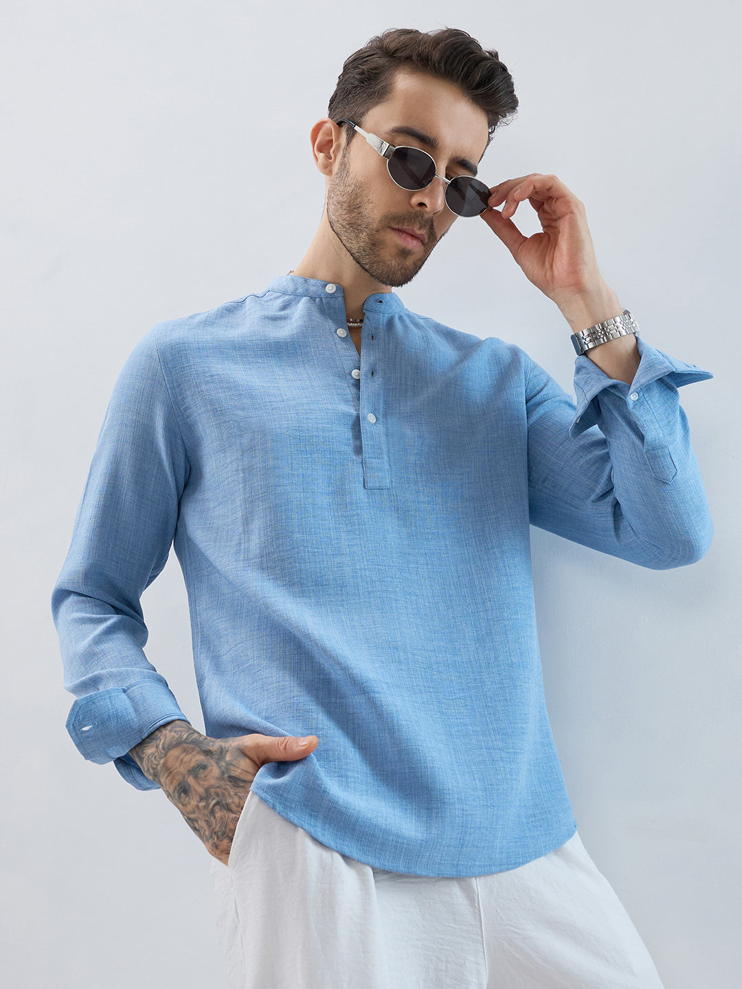 Skyline Blue Fine Weave Textured Kurta