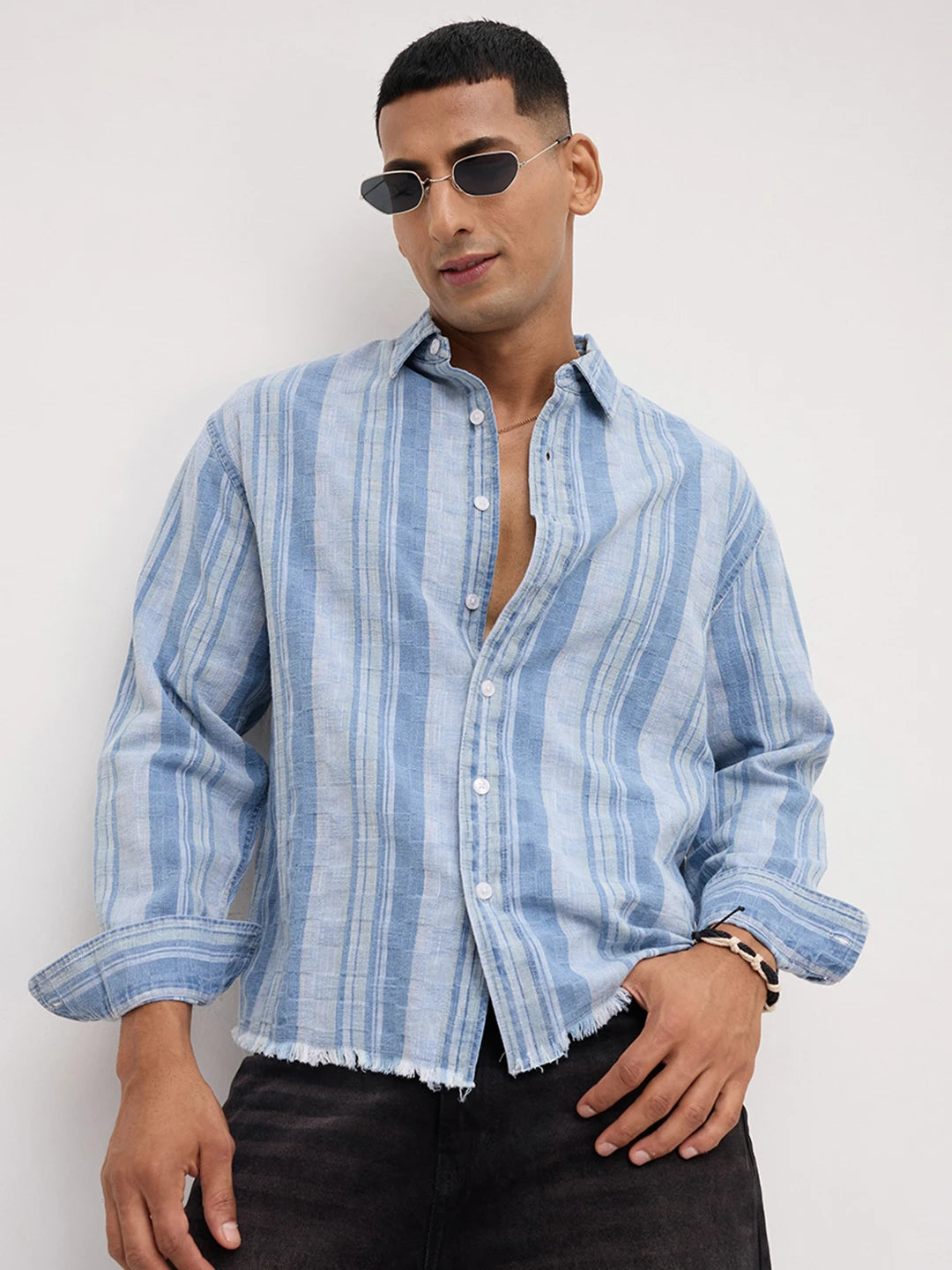Distressed Hem Denim Blue Variegated Striped Boxy Fit Crop Shirt