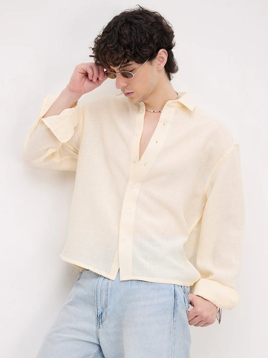 Plush Butter Yellow Sheer Weave Boxy Fit Crop Shirt
