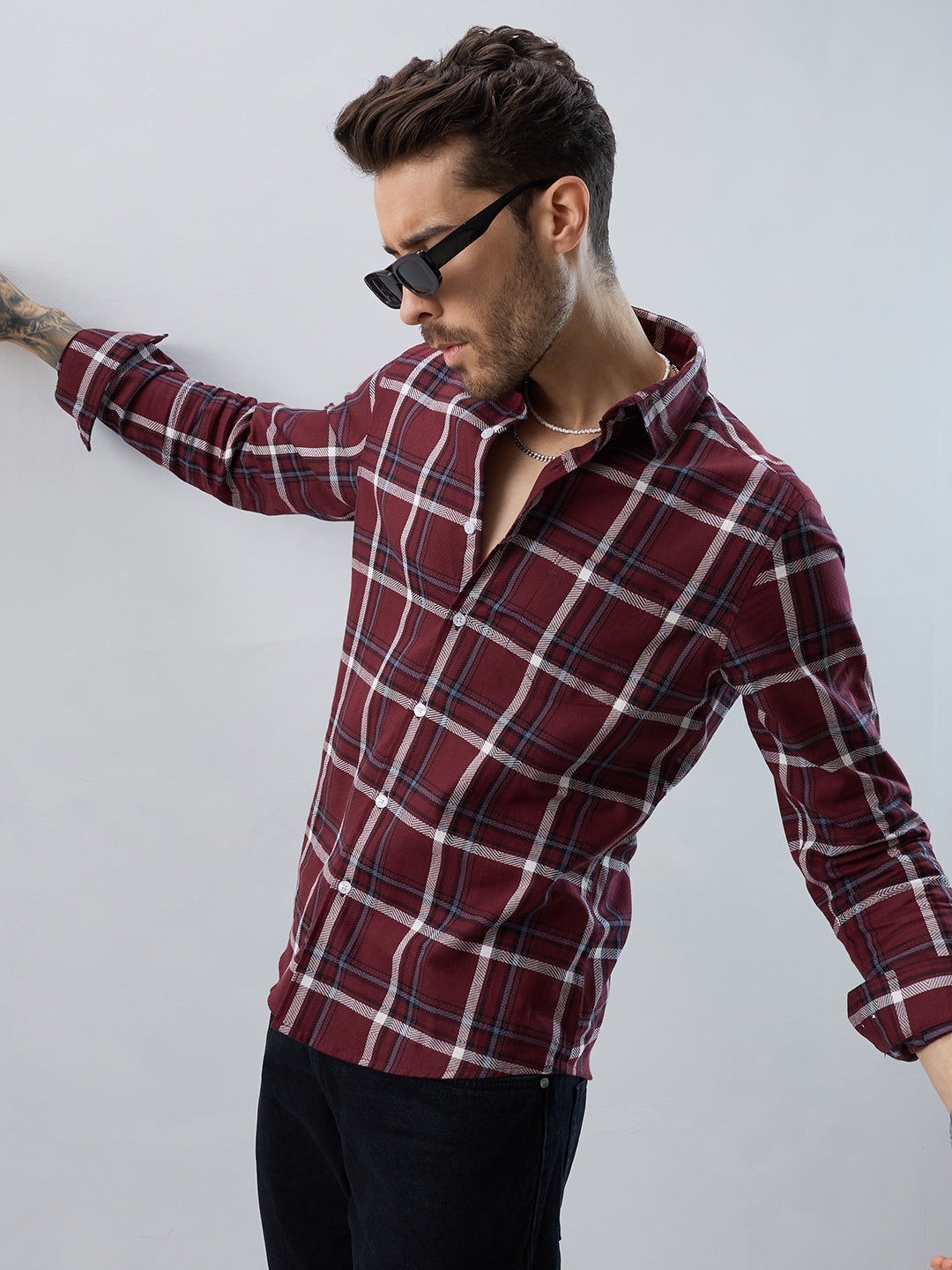 Premium Cotton Maroon Herringbone Tartan Checked Shirt