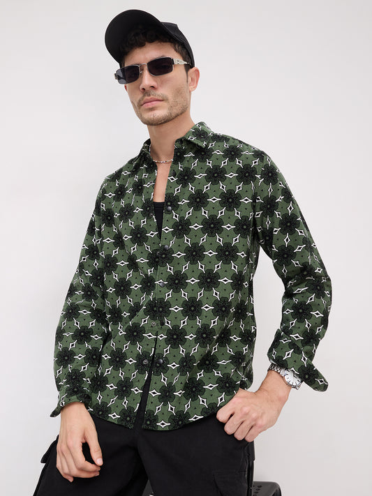 Emerald Green Floral Bloom Corduroy Shirt