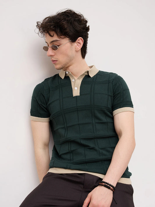 Emerald Green Windowpane Textured Contrast Polo Flat Knit T-Shirt