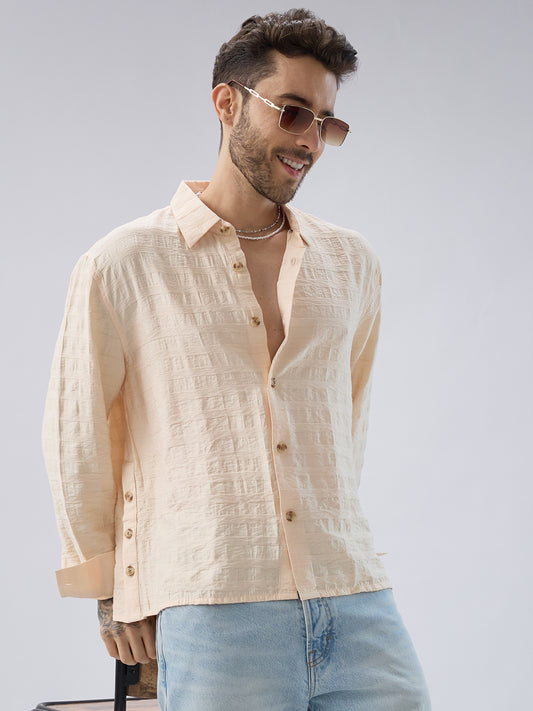 Soft Beige Striped Side-Slit Button Boxy Fit Crop Shirt