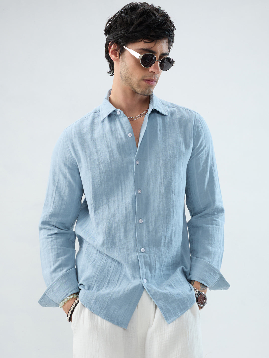 Luxe Powder Blue Double Coth Striped Shirt