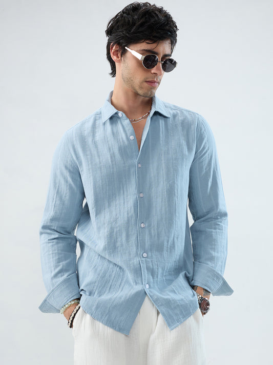 Luxe Powder Blue Double Coth Striped Shirt