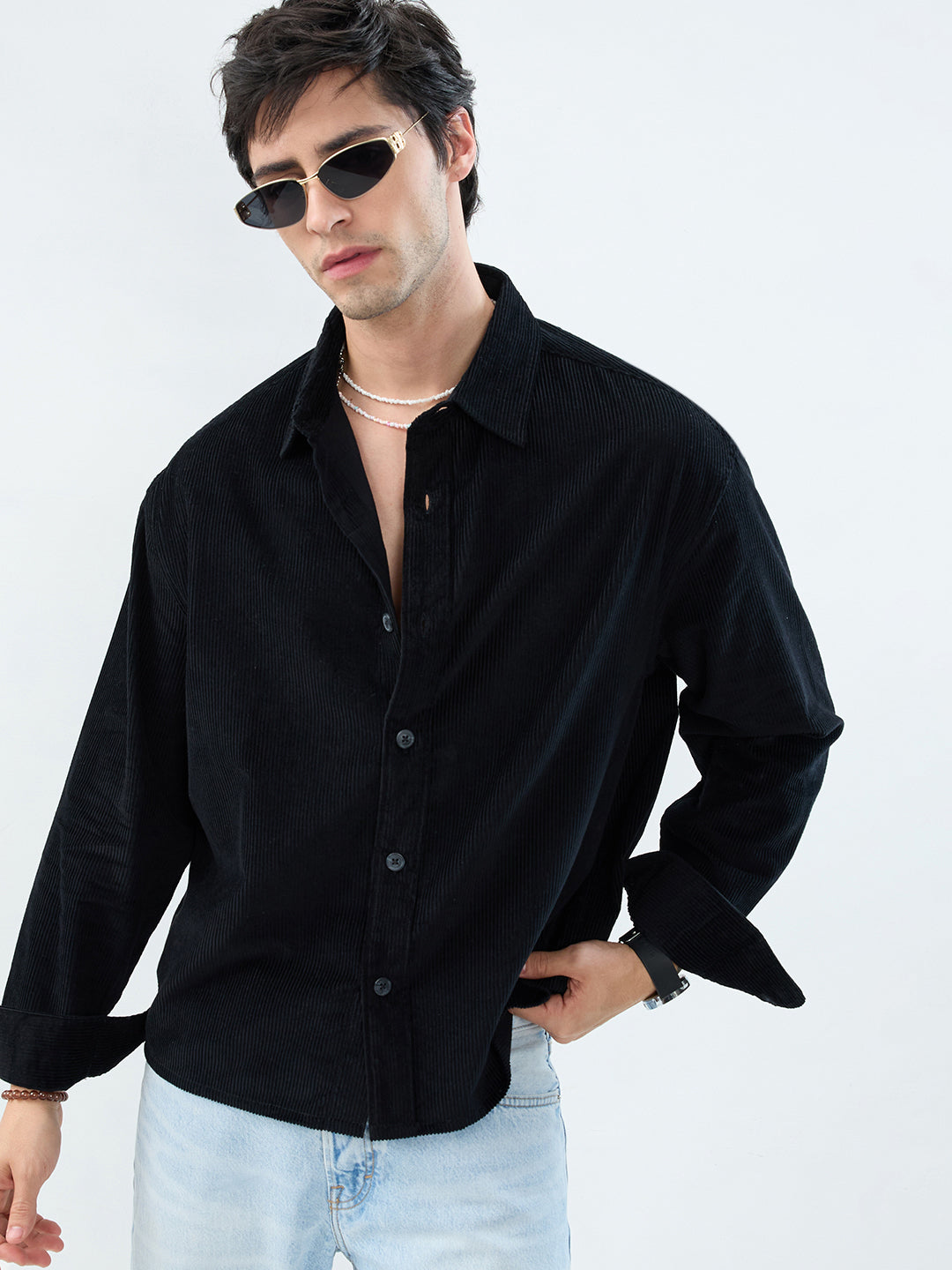 Timeless Black Corduroy Boxy Fit Crop Shirt